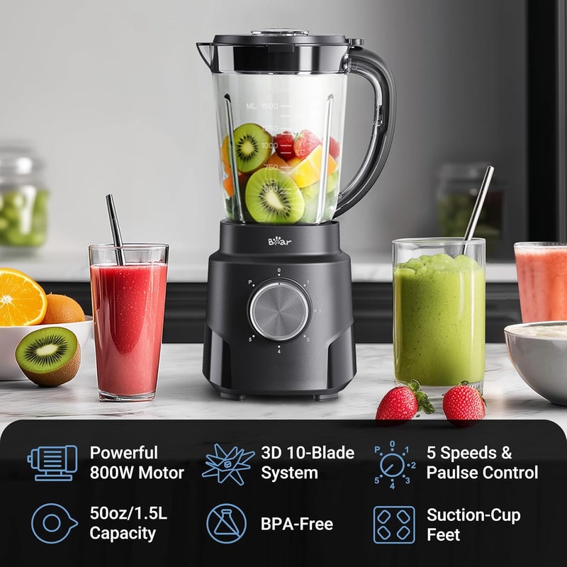 Bear 800W 6-Speed Blender, Smoothie Blender for Kitchen with 50oz(1.5L) BPA-Free Cup/Suction Feet/Feeding Hole/10 blades, Countertop Blender for Smoothies, Crush Ice, Frozen Fruit, Juice and Puree - Image 2